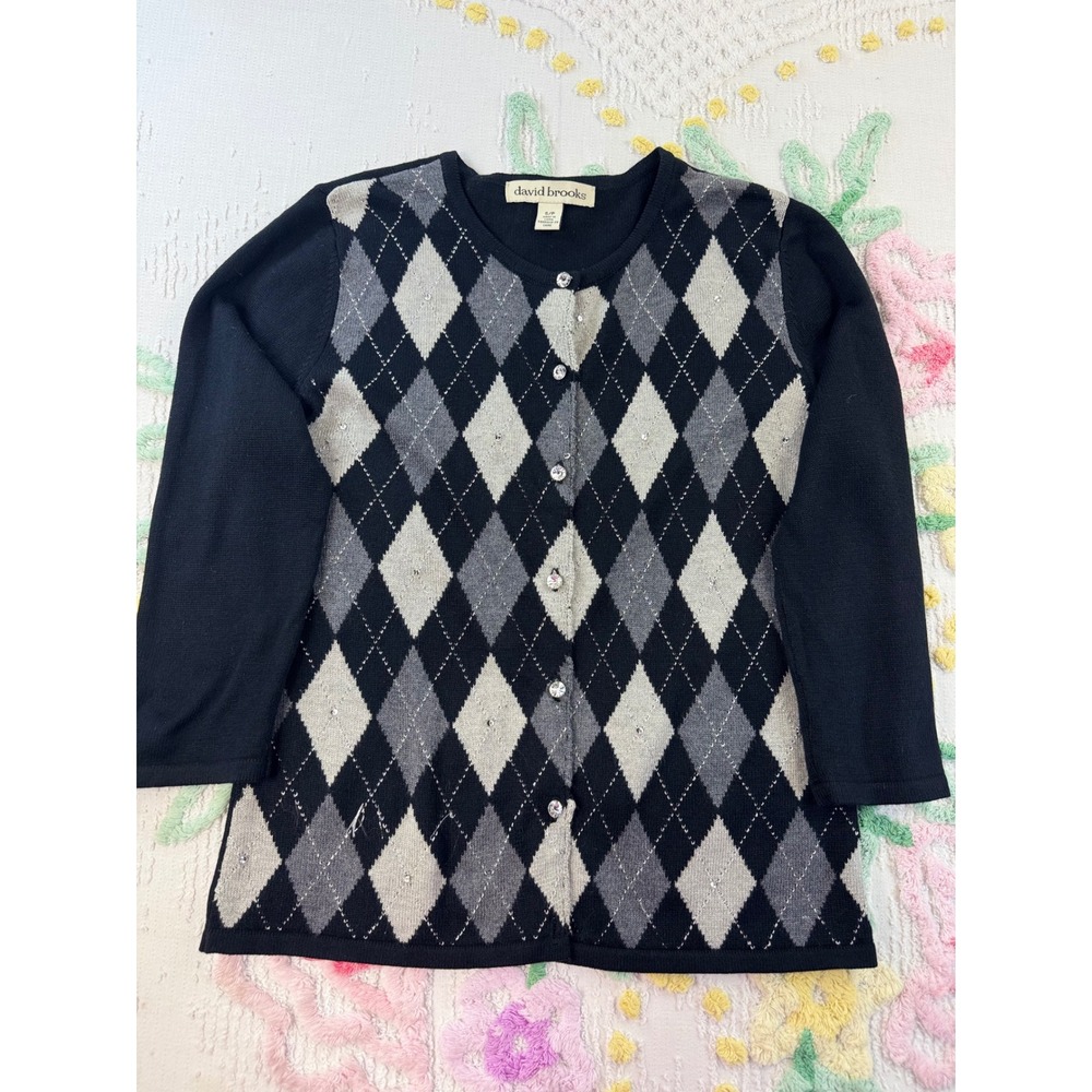 David Brooks Argyle‎ Silk Blend Rhinestone Button Cardigan Sweater Black Grey S